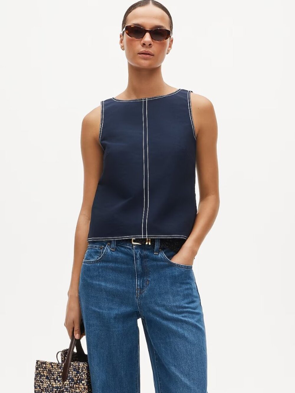 J. Crew Contrast-Stitch Shell Top in Double Cotton Poplin Navy